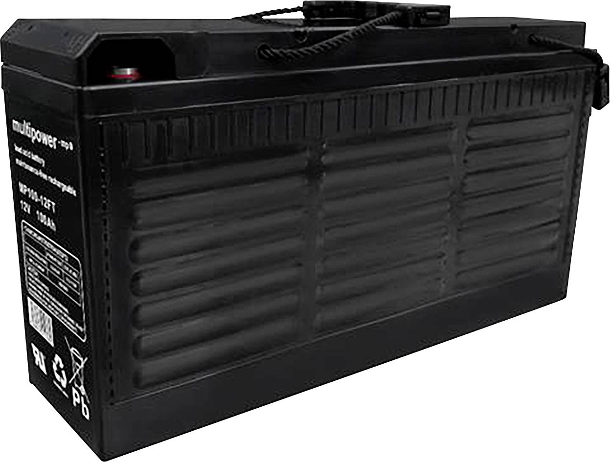 Batéria s čiernym obalom, nápis zobrazuje 'multipower MP10-12FT'; 12 voltov, 10 Ah. Vhodná pre núdzové napájacie systémy a zariadenia.