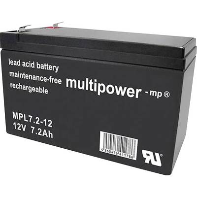 Čierna bezúdržbová nabíjateľná oloveno-kyselinová batéria značky multipower, model MPL7.2-12, 12V, 7,2Ah.