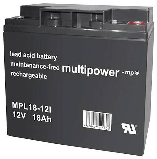 'Čierna, obdĺžniková olovená batéria od Multipower, model MPL18-12I, 12V 18Ah. Bezúdržbová a nabíjateľná.'