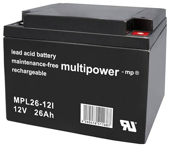 Čierna olovená batéria s nápisom 'lead acid battery', 'multipower', 'MPL26-12I', '12V 26Ah'. Nevyžaduje údržbu a je nabíjateľná.