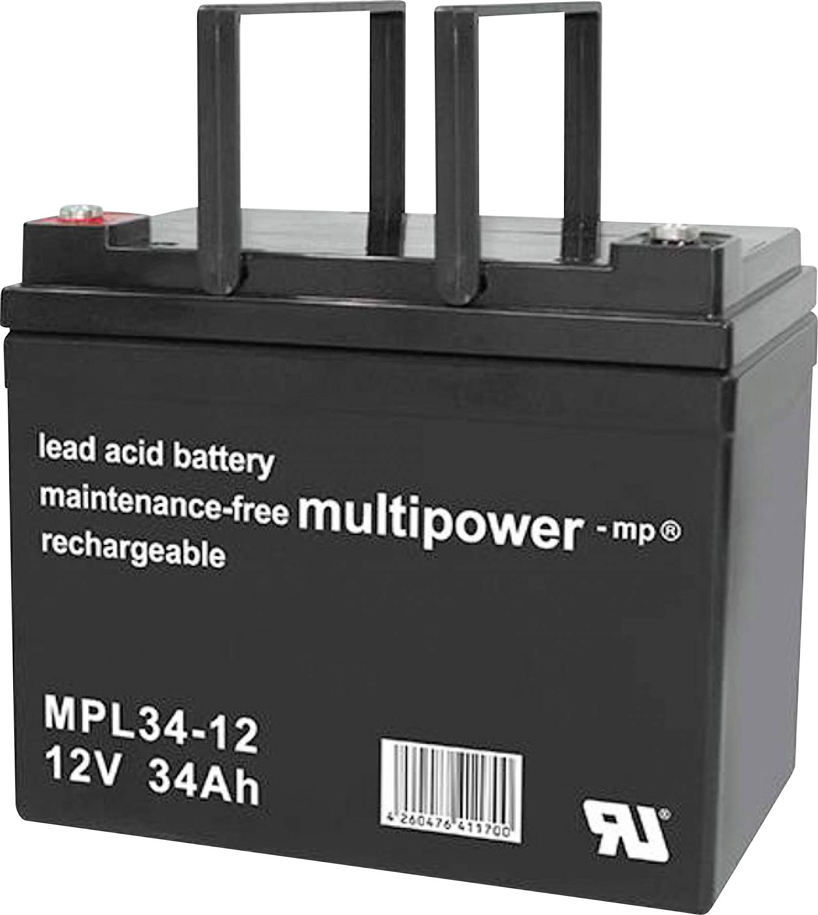 Čierna olovená batéria s označením 'bezúdržbová multipower', 12V, 34Ah, stojaná vzpriamene s dvoma rukoväťami.