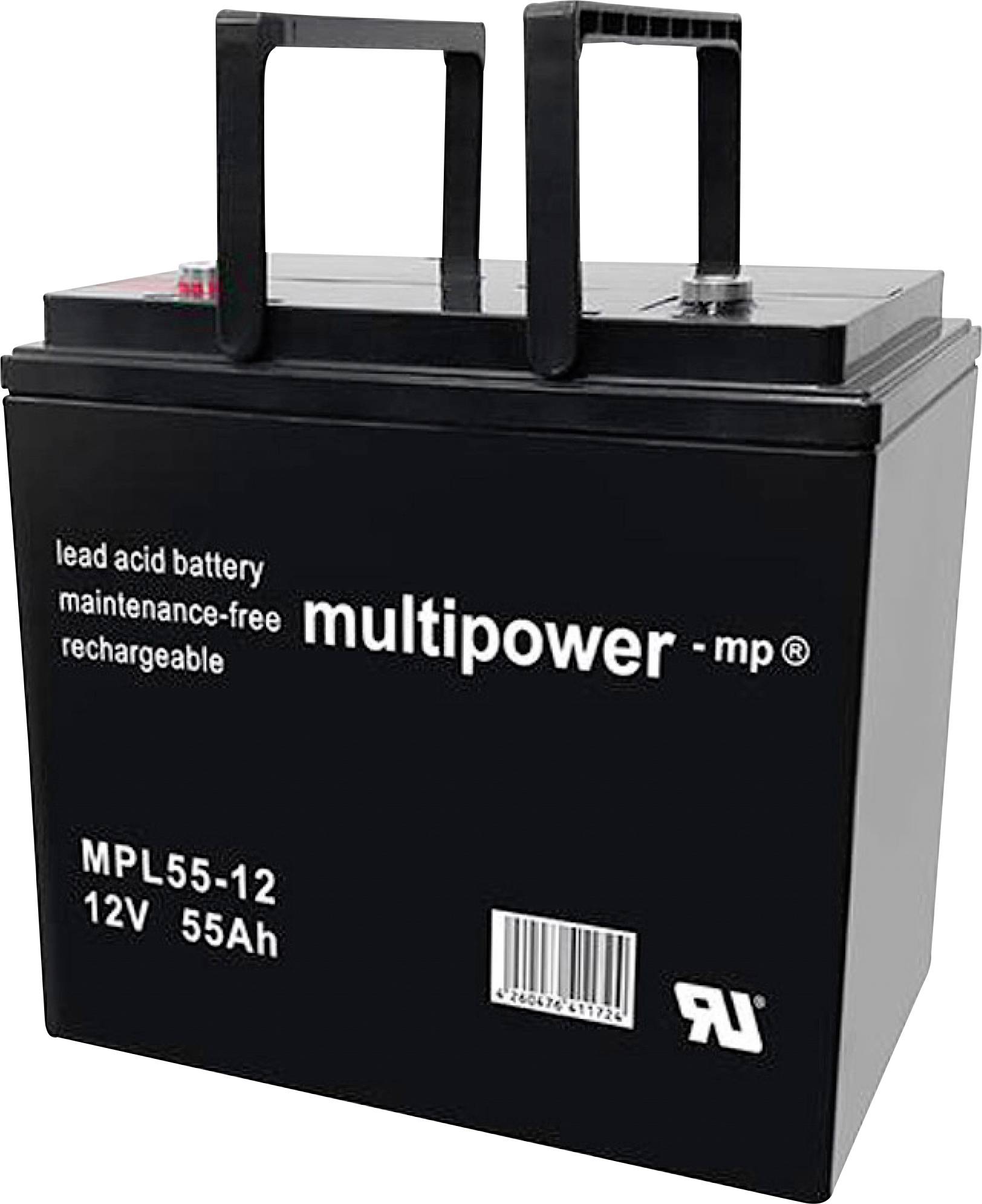 'Čierna olovená batéria bez údržby, dobíjateľná, 12V, 55Ah, značka Multipower, model MPL55-12.'