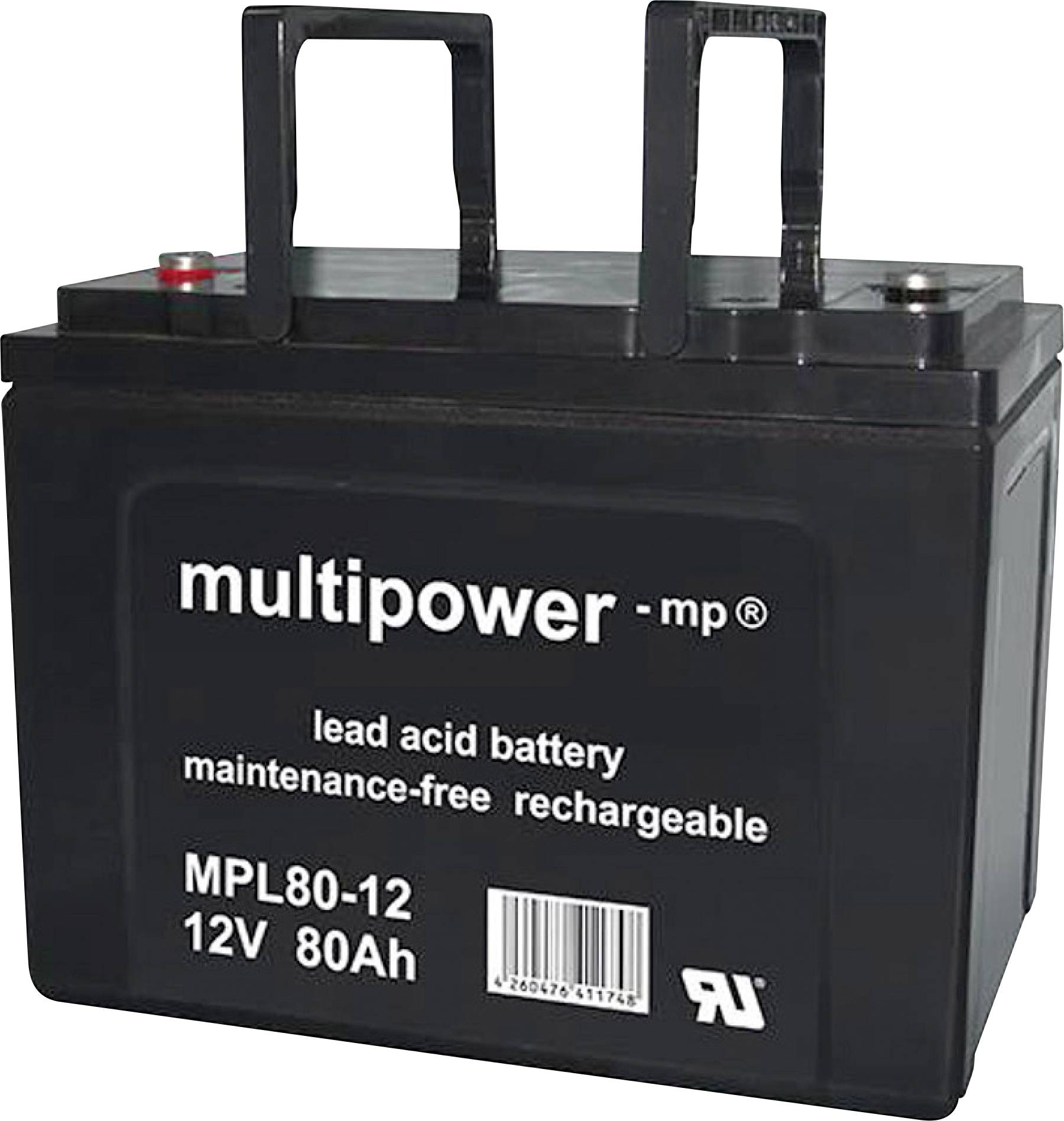 Čierna 12V, 80Ah olovená batéria značky 'multipower', bezúdržbová a nabíjateľná.