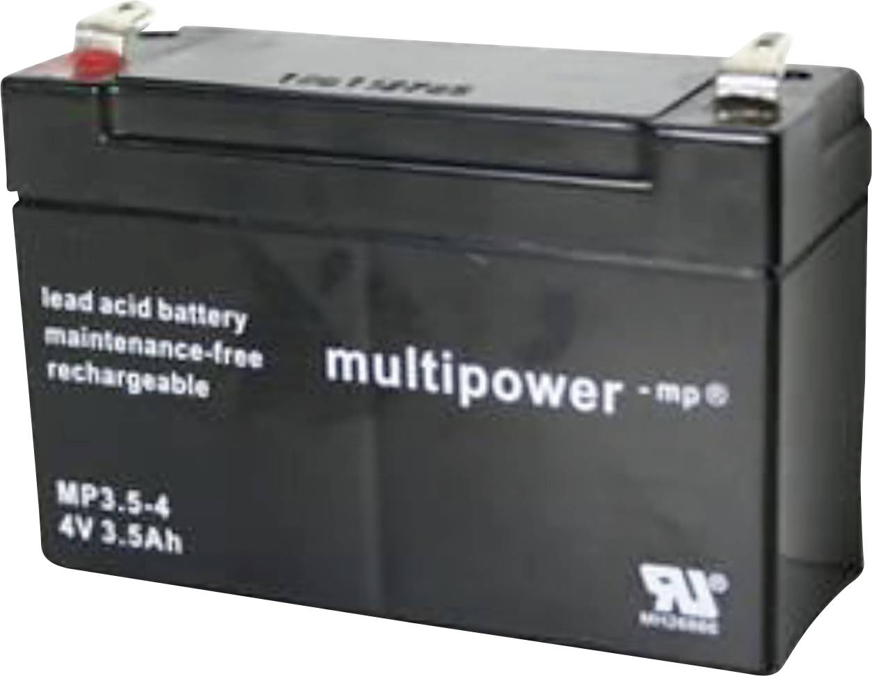 Čierny, nabíjateľný olovený akumulátor s nápisom 'multipower mp 3,5-4 4V 3.5Ah', vhodný pre bezúdržbovú prevádzku.