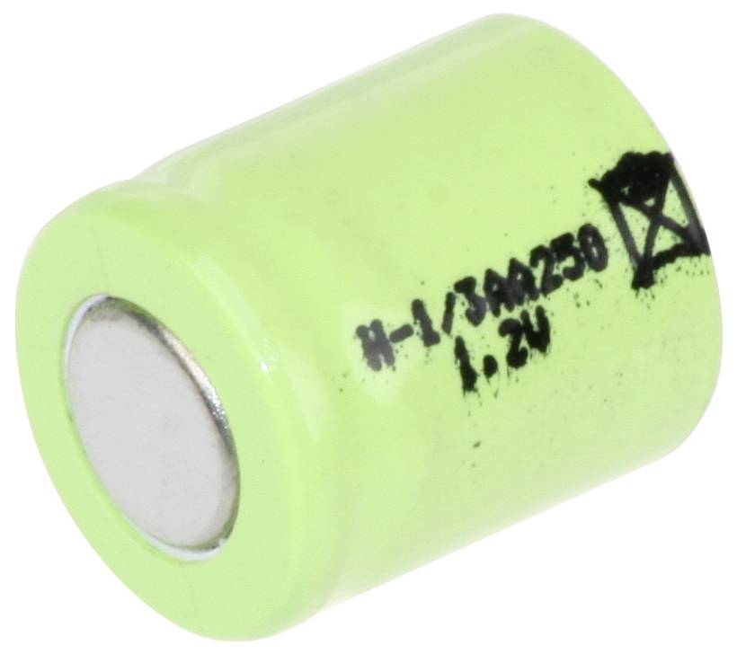 Malá zelená valcovitá batéria označená čiernym textom '1.2V', zobrazujúca kladný pól.