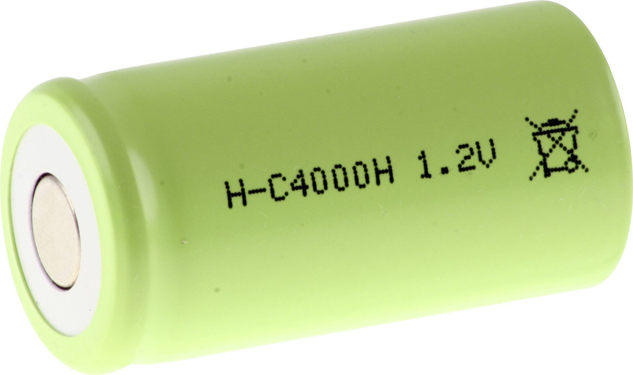 Zelená nabíjateľná batéria označená štítkom 'H-C4000H 1.2V' so symbolmi recyklácie a bez symbolu smetného koša.