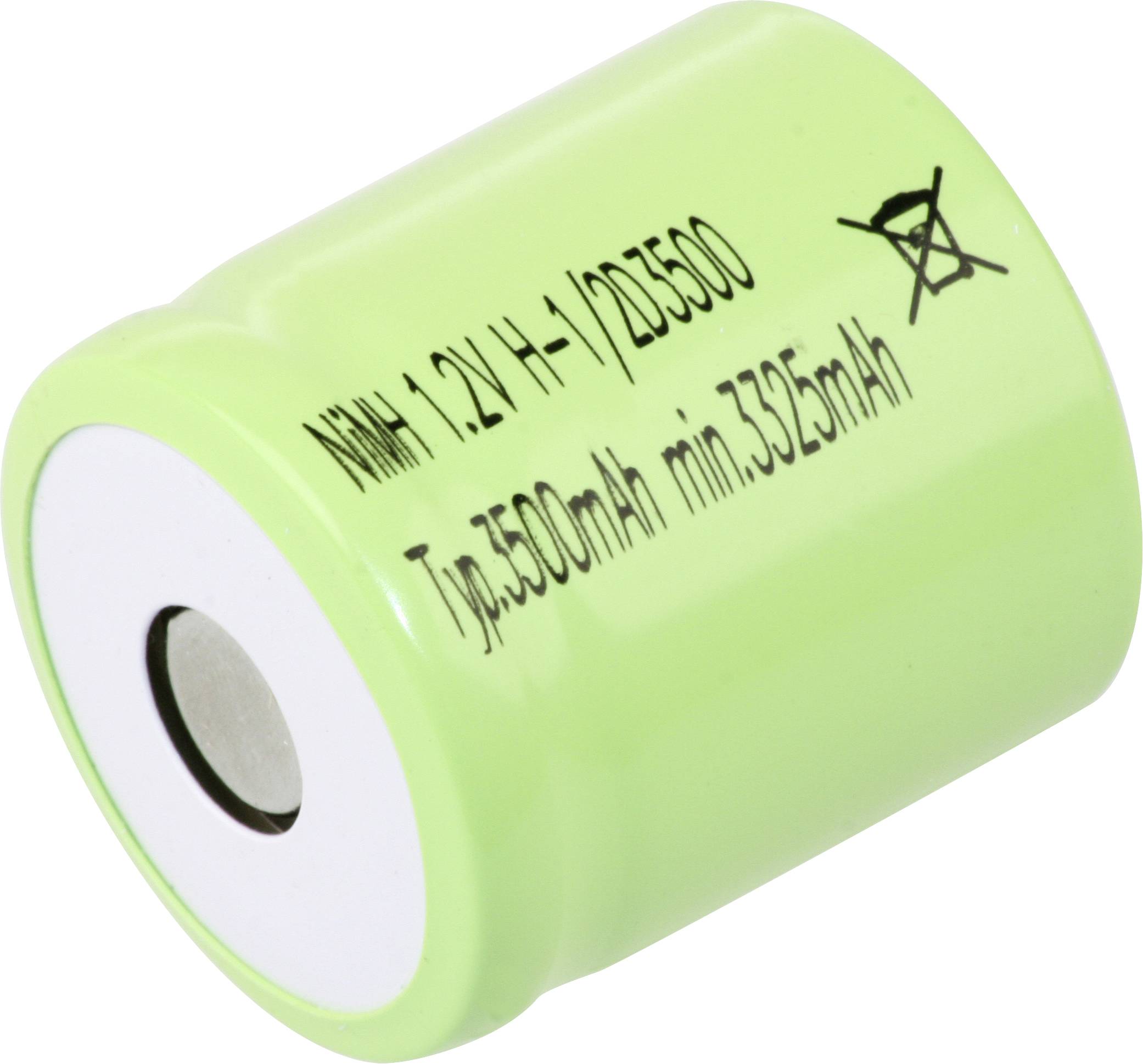 Valcový zelený akumulátor označený '1.2V NiMH H-1/2D3500 Typicky 3500mAh min. 3325mAh' so symbolom prečiarknutého kontajnera.