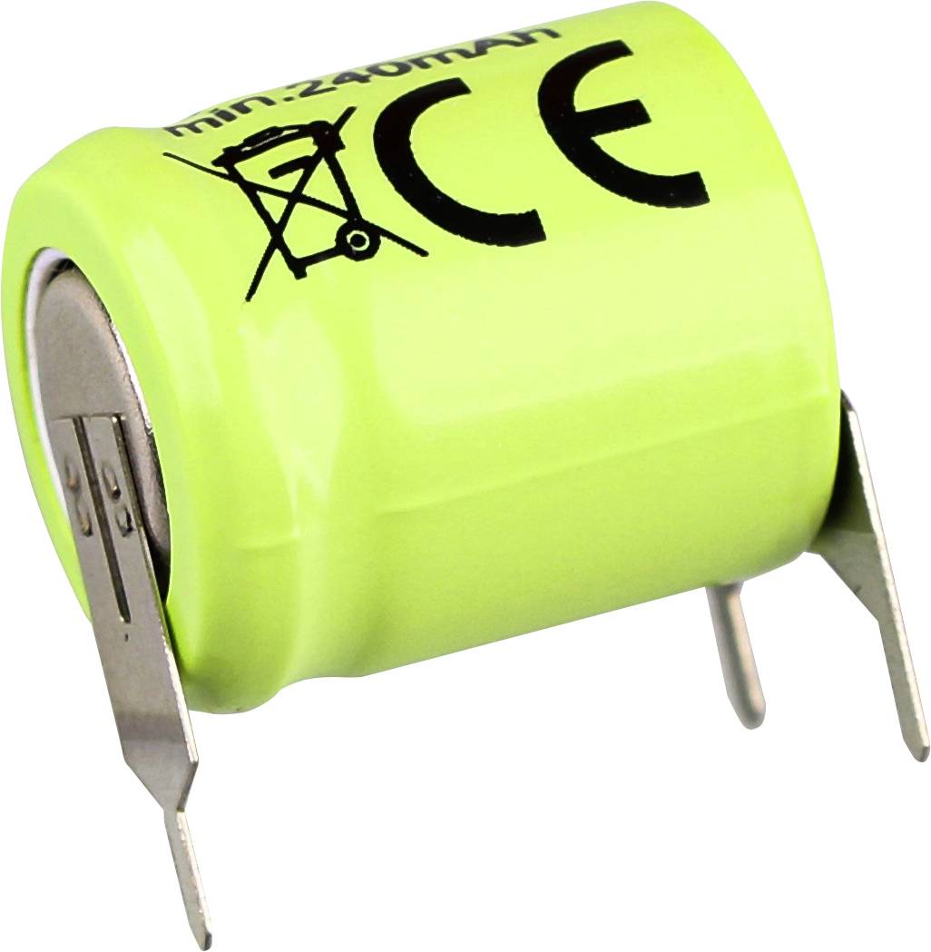 Zelená nabíjateľná batéria s kovovými kolíkmi na spodnej strane, označená hodnotou '240mAh' a symbolmi zhody, používaná v elektronických zariadeniach.
