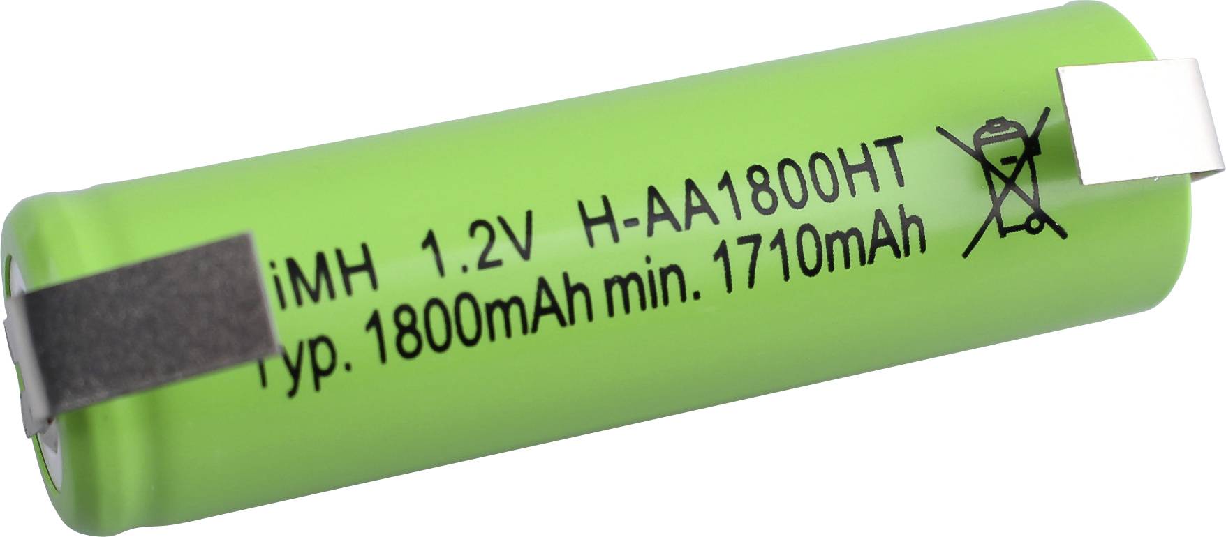 Zelená valcovitá batéria s označením 'iMH 1,2V H-AA1800HT' s kapacitou 'typ. 1800mAh min. 1710mAh'.