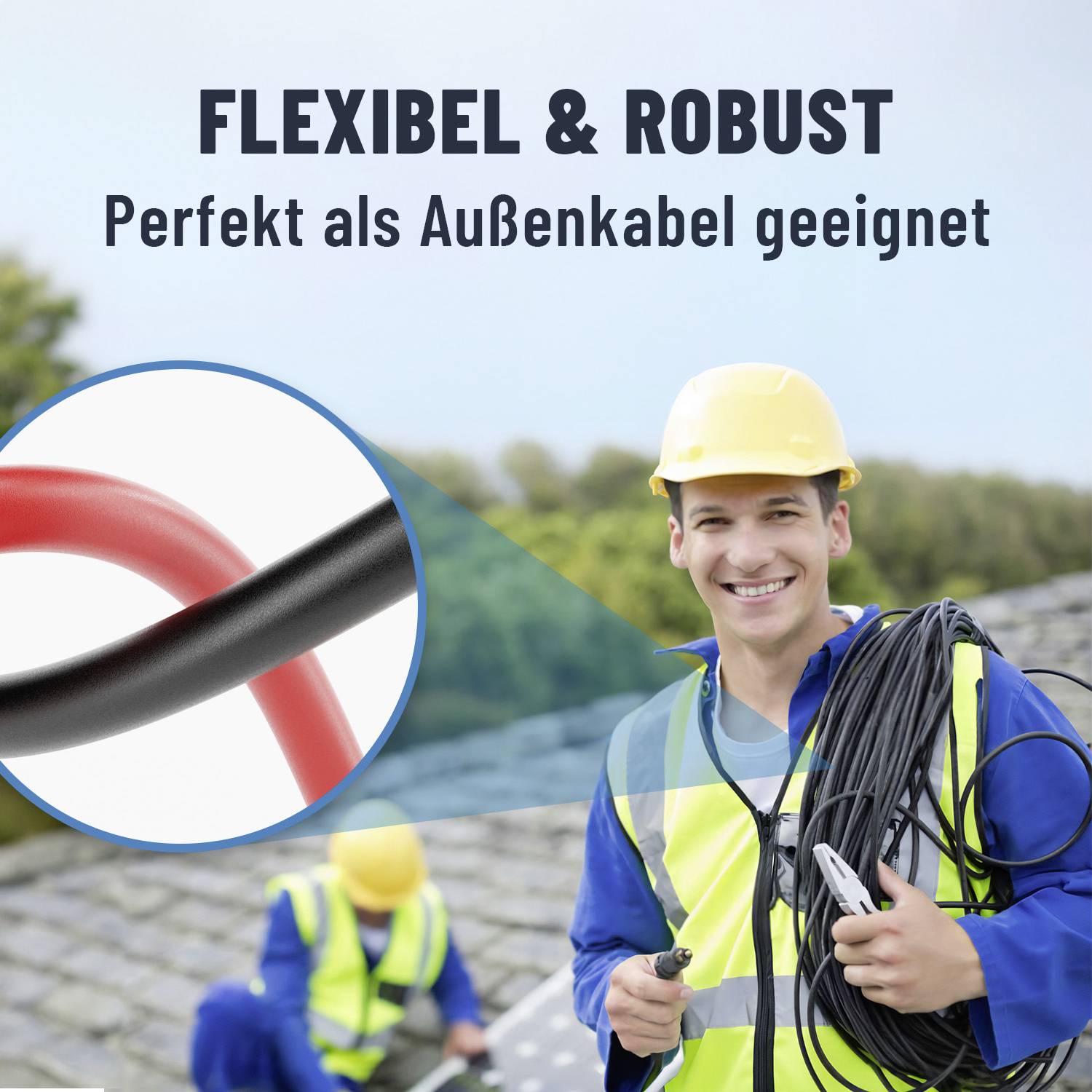 Robotník v žltej veste drží čierny kábel. Text: 'Flexibilné & robustné. Dokonale vhodné ako vonkajší kábel'.