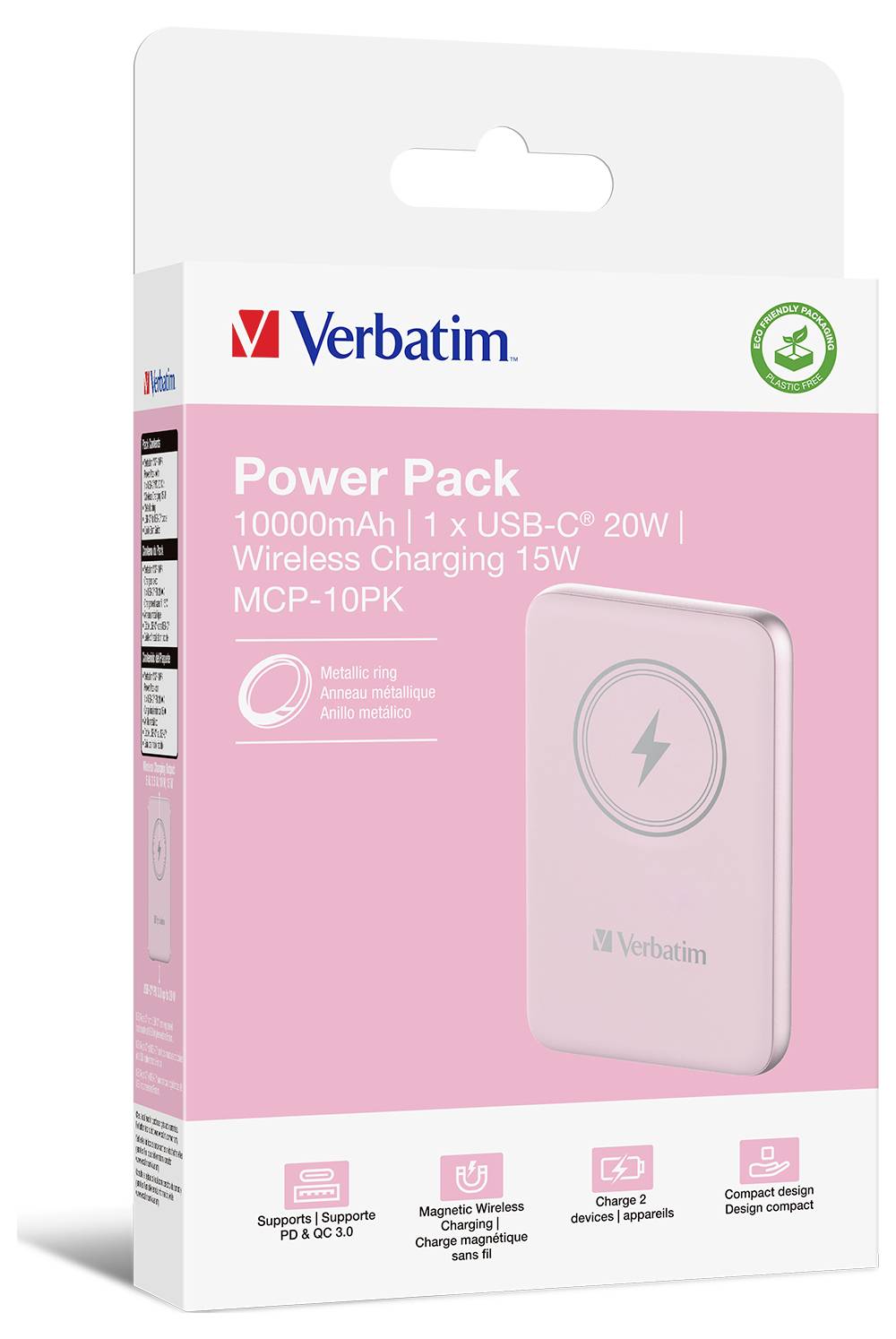 Verbatim Power Pack, 10000mAh, podporuje 20W USB-C a 15W bezdrôtové nabíjanie, ružovej farby, obsahuje magnetickú bezdrôtovú nabíjaciu technológiu.