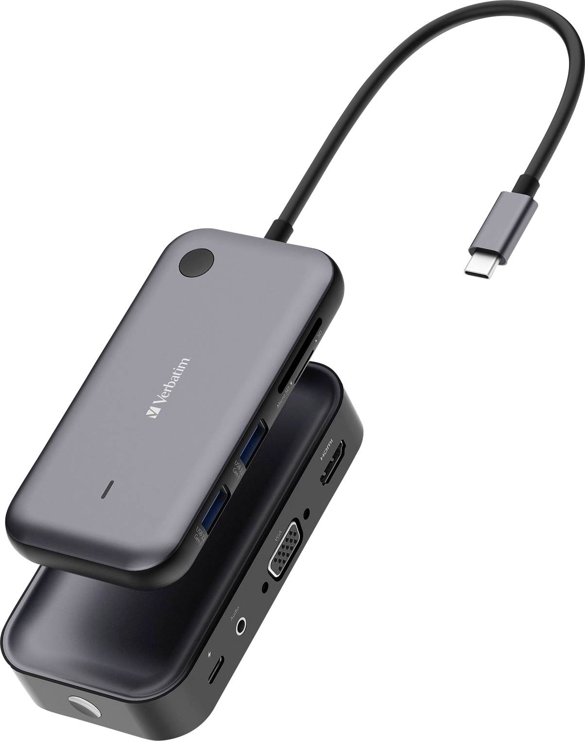 USB-C hub s viacerými portami: HDMI, VGA, USB, čítačka SD kariet. Kompaktný dizajn, prenosný, všestranný pre počítačové pripojenia.
