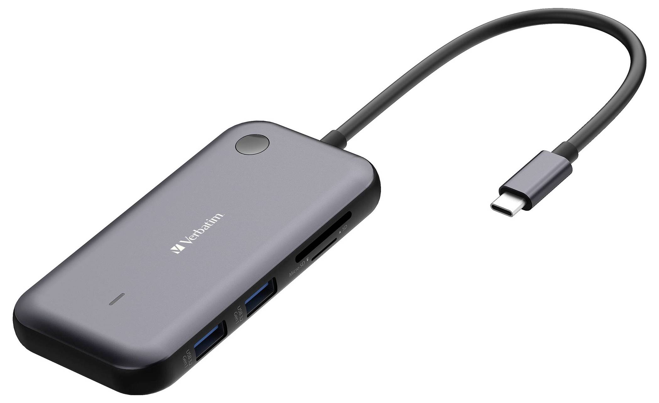 Kompaktný Verbatim USB-C rozbočovač s viacerými portami vrátane USB, HDMI a čítačky kariet, pripojený jedným káblom.