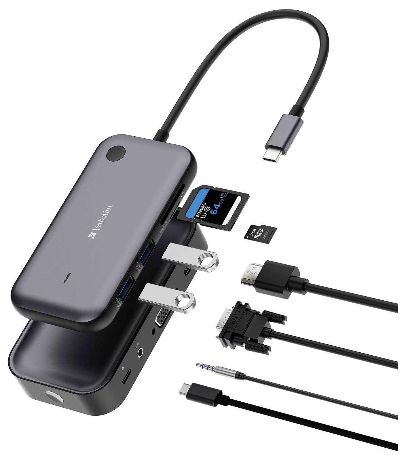 Multifunkčný adaptér s rôznymi portami: USB-C kábel, čítačka SD kariet, sieťový adaptér, HDMI, VGA a audio jack.