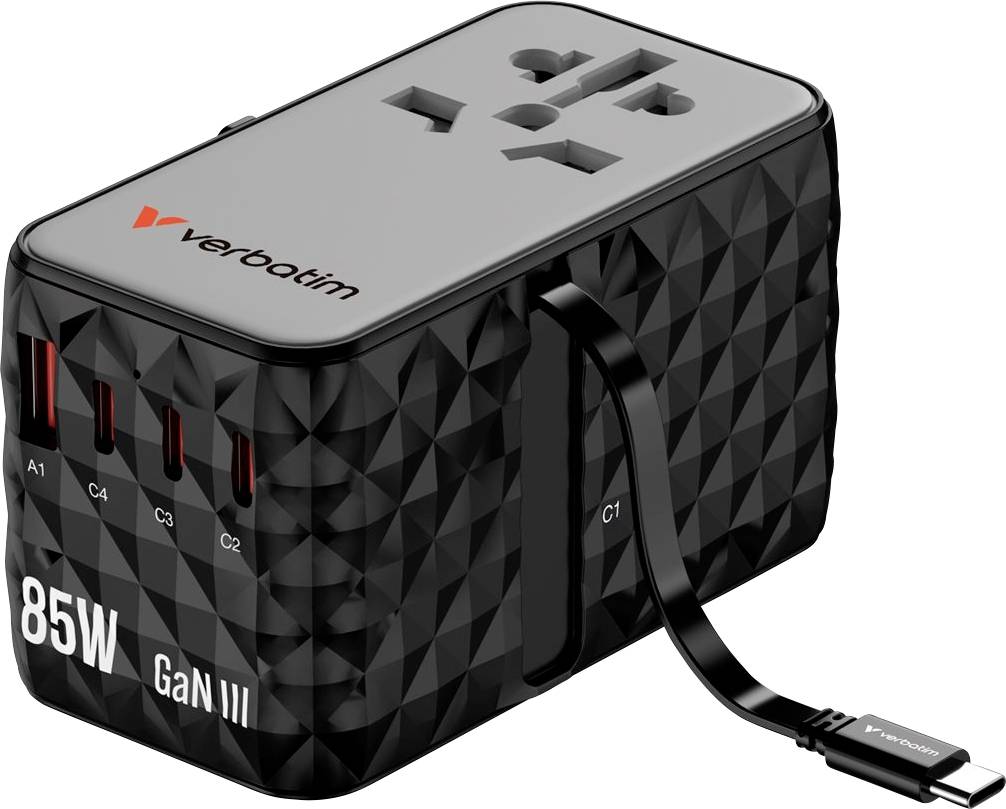Kompaktný 85W GaN-III nabíjací adaptér od Verbatimu s viacerými USB portami a vstavaným káblom.