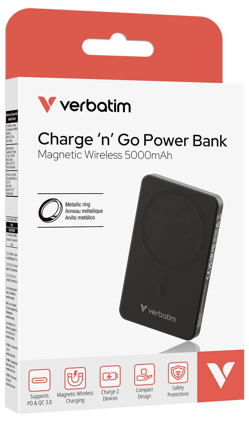 Obal powerbabanky Verbatim s kapacitou 5000mAh. Zobrazuje powerbanku a zvýrazňuje magnetickú, bezdrôtovú nabíjaciu funkciu. Podporuje PD & QC 3.0.