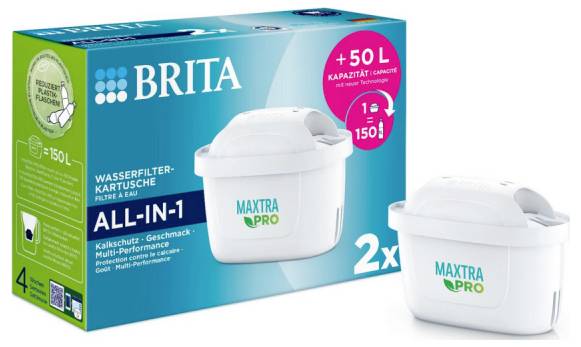 Filtračné patrony Brita v balení po 2 kusy, ktoré zlepšujú chuť a znižujú vodný kameň. Balenie uvádza kapacitu +50 litrov.