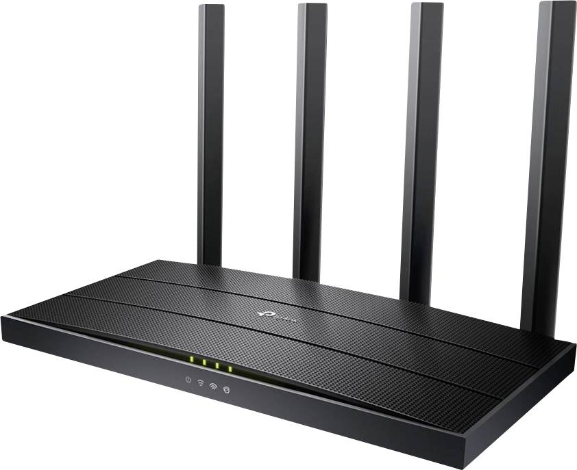 Bezdrôtový smerovač so štyrmi anténami, čierne šasi, svietiace kontrolné svetlá na prednej strane, vhodný pre rýchly internet.