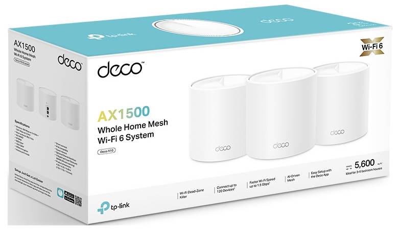Obal sieťového systému TP-Link Deco AX1500 Whole Home Mesh Wi-Fi 6 s troma bielymi smerovačmi. Na škatuli sú uvedené technické špecifikácie.