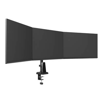 Trojitý držiak monitora s oblým dizajnom na upevnenie na stôl, vhodný pre tri monitory, ktorý vykazuje flexibilitu a ergonomickosť.