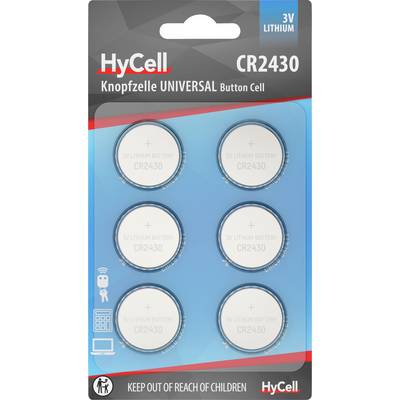 Balenie obsahuje šesť 3V lítiových gombíkových batérií CR2430 od HyCell, vhodných pre rôzne elektronické zariadenia. Upozornenie: Uchovávať mimo dosahu detí.