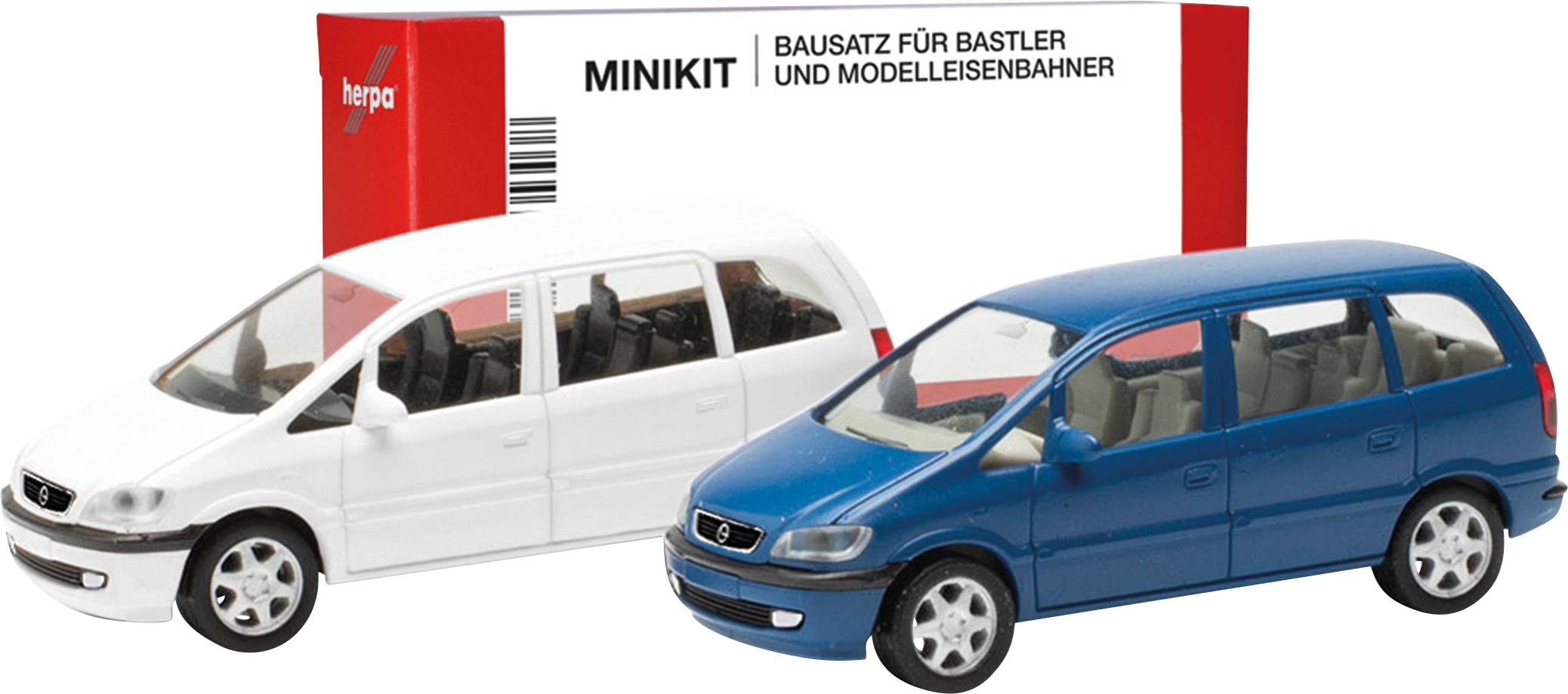 Herpa 013932 H0 Personbil model Opel Zafira, blå og hvid