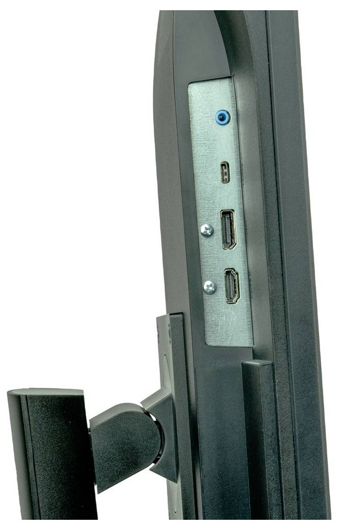 Detailný záber monitora s portmi na boku, vrátane HDMI a USB konektorov. Monitor je pripevnený na držiaku.
