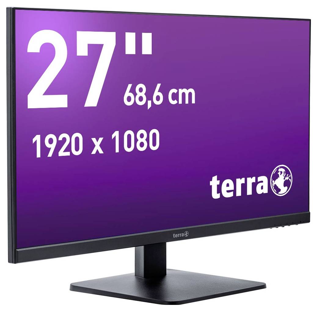 27-palcový monitor od Terra, uhlopriečka 68,6 cm, rozlíšenie 1920 x 1080. Čierny rám, fialové pozadie.
