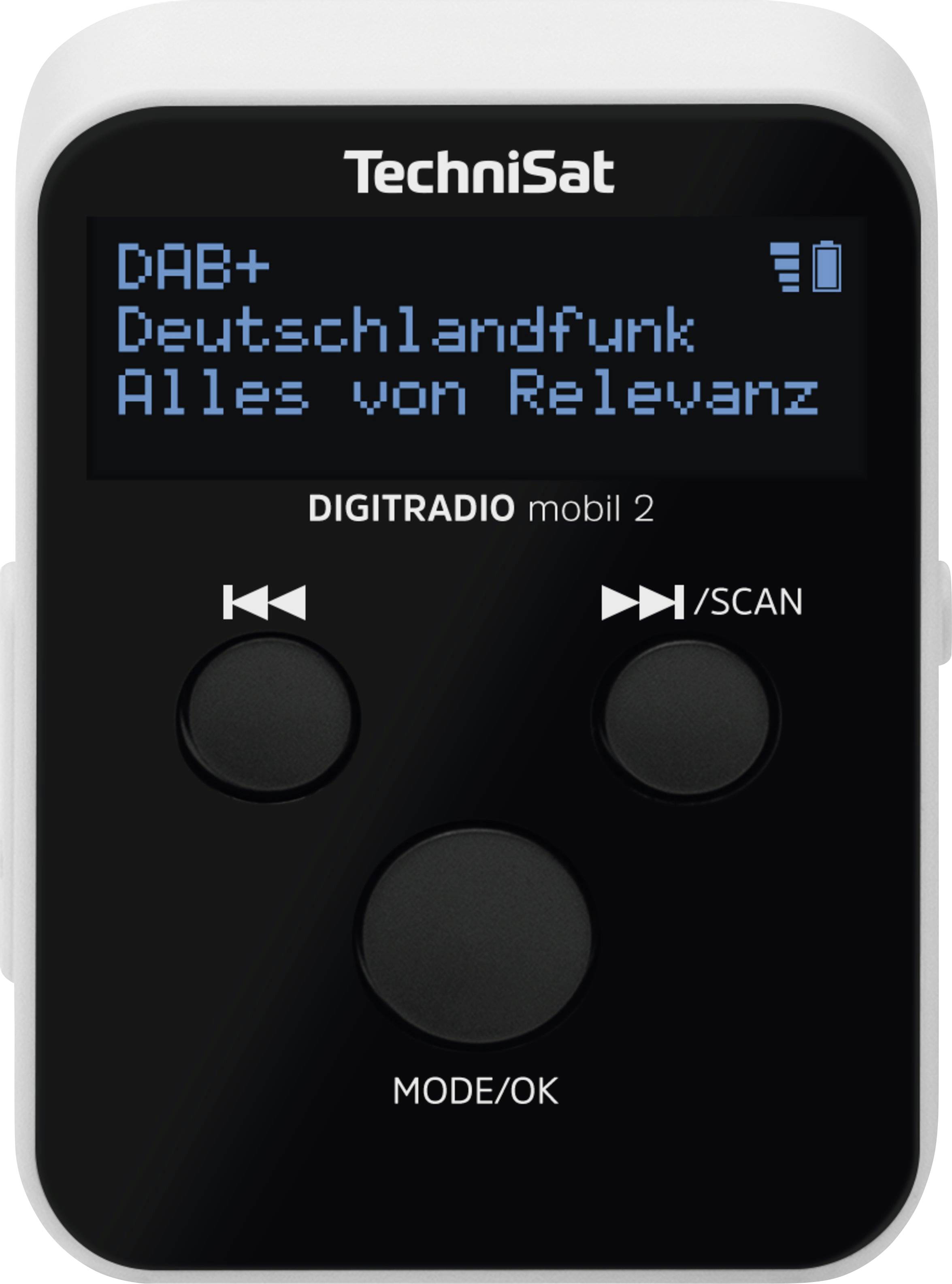 Prenosný digitálny rádioprijímač s displejom zobrazujúcim 'DAB+ Deutschlandfunk Alles von Relevanz'. Štyri tlačidlá, značka Technisat v hornej časti.