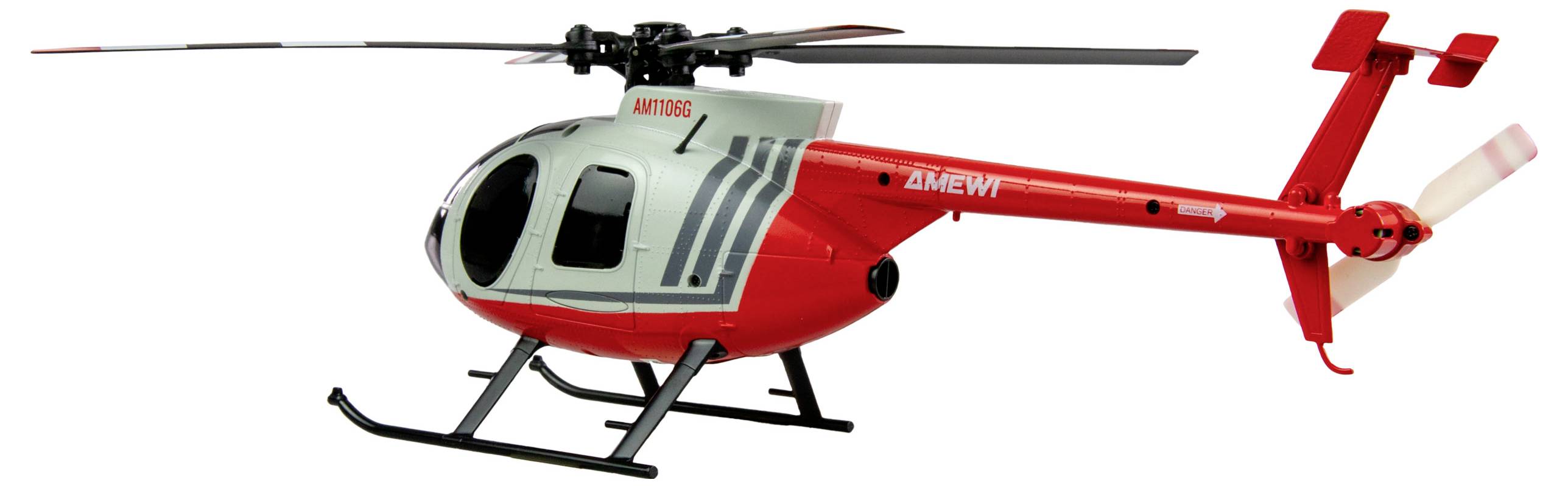Hračkárska helikoptéra v červenej a sivej farbe s nápisom 'AMEWI'. Pohľad na celú helikoptéru stojacu na lyžinách.