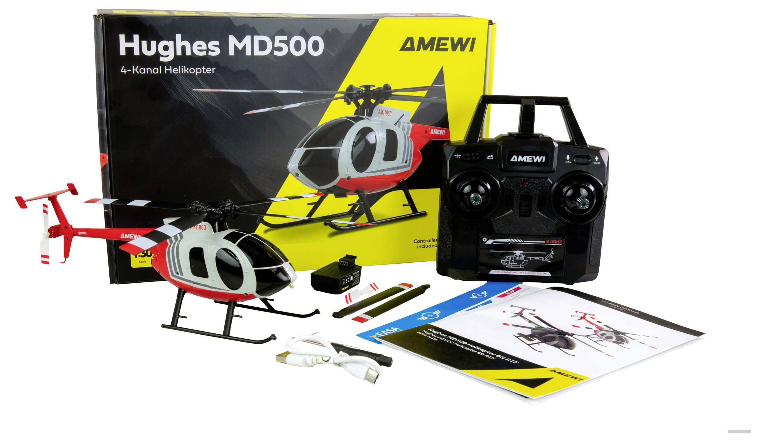 Obrázok zobrazuje modelársku súpravu vrtuľníka Hughes MD500 s diaľkovým ovládačom, nabíjačkou a návodom na použitie na bielom pozadí.