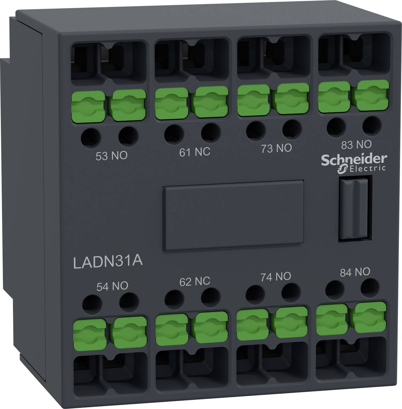 Stýkačová jednotka od Schneider Electric s viacerými zelenými svorkami, model 'LADN31A'. Slúži na ovládanie elektrických obvodov.