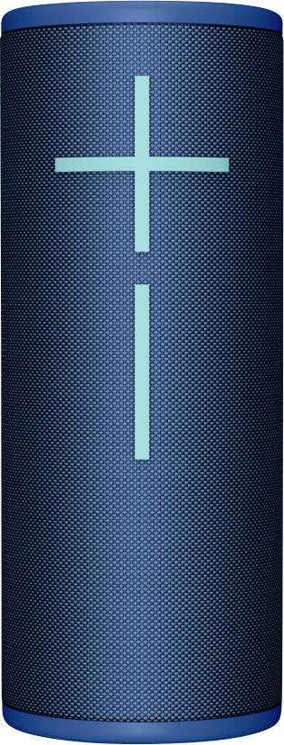 Prenosný modrý bluetooth reproduktor s veľkými plus a mínus znakmi na prednej strane pre ovládanie hlasitosti.