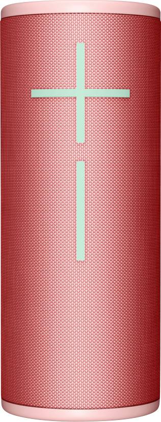 Červený prenosný bluetooth reproduktor s veľkým plus a mínus znamienkom na ovládanie hlasitosti na prednej strane.