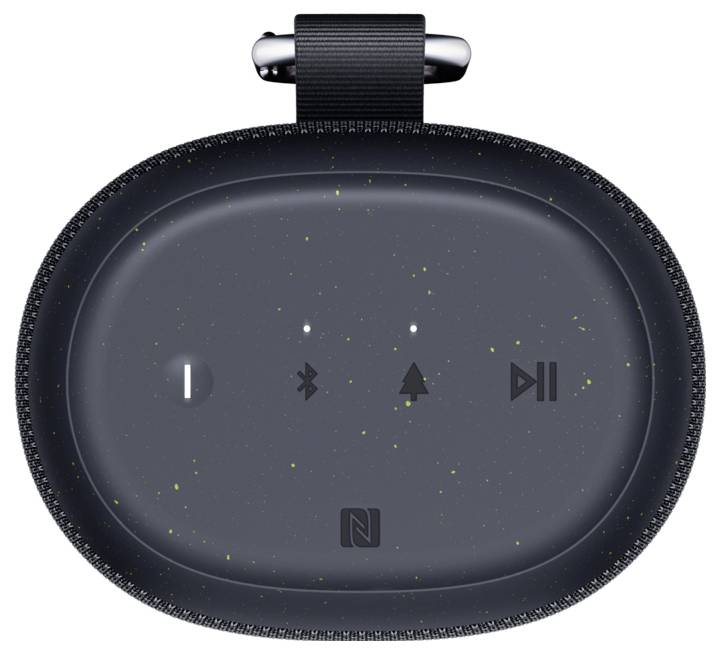 Bezdrôtová nabíjačka s indikátorom svetla a logom NFC. Zobrazuje symboly hlasitosti, Bluetooth a ovládania prehrávania.