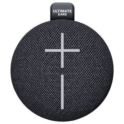 Guľatý čierny reproduktor s šedými plus a mínus znakmi na ovládanie hlasitosti, hore je napísané 'Ultimate Ears'.