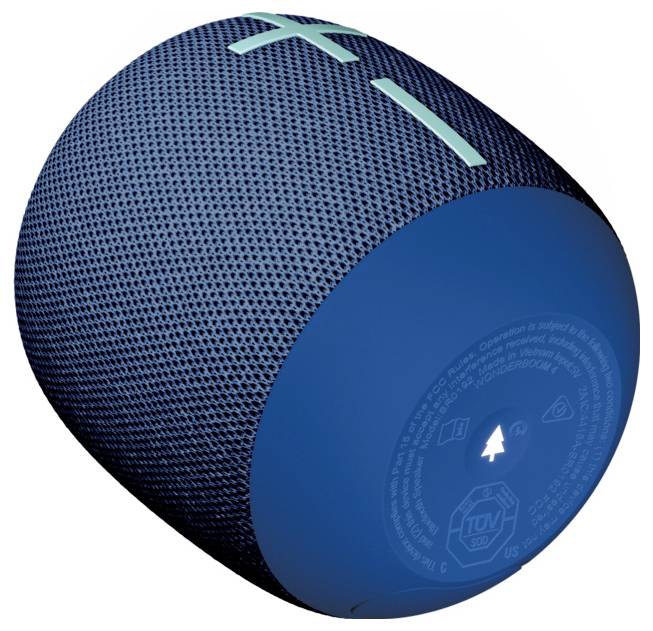 Prenosný bluetooth reproduktor v čiernej farbe s tyrkysovým plus a mínus symbolom na mriežkovej látke pre ovládanie hlasitosti.