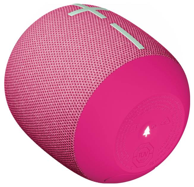 Ružový prenosný bluetooth reproduktor s ovládačmi hlasitosti na vrchu.