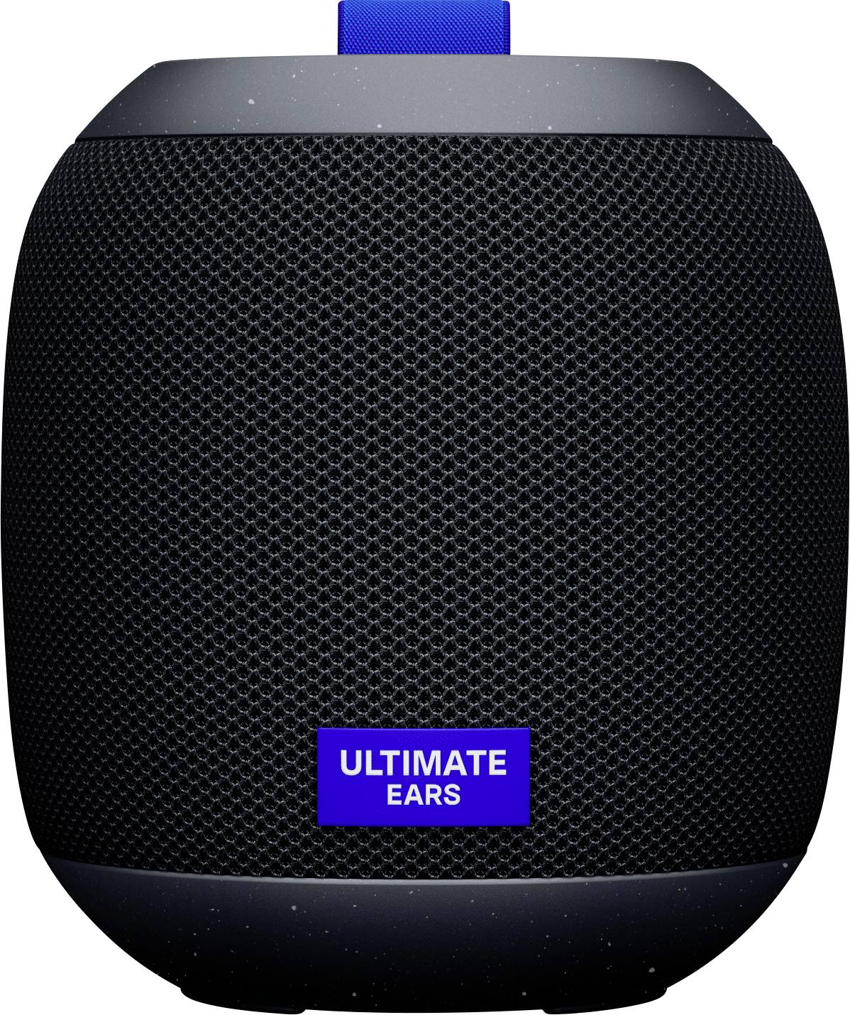 Prenosný čierny reproduktor s modrou slučkou na vrchu a logom "Ultimate Ears" na prednej strane.