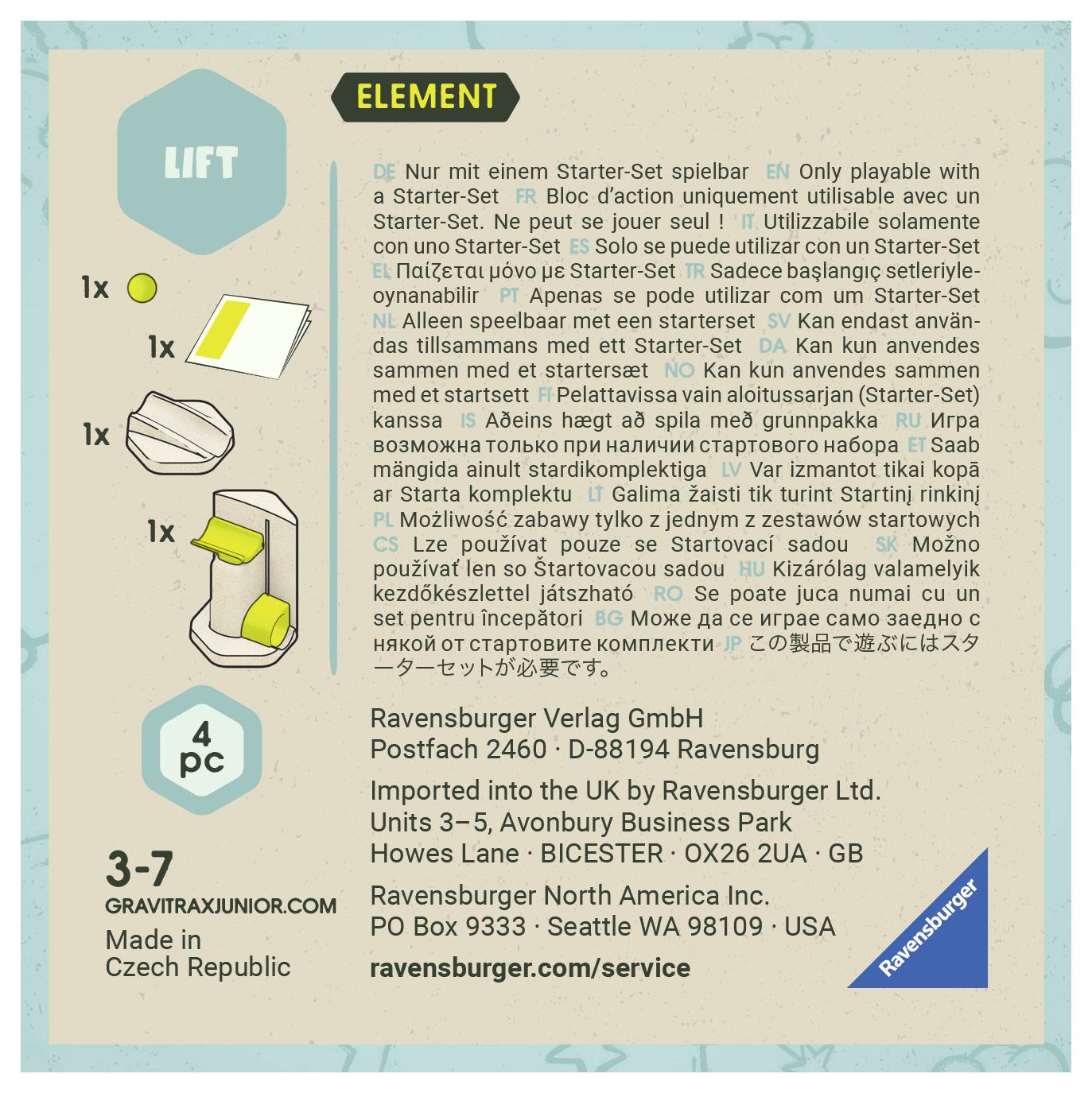 'Element Lift' súčasť hernej sady s pokynmi: Hrateľné len so štartovacou sadou. Obsahuje 4 diely, znázorňuje výťah a kontaktné informácie.