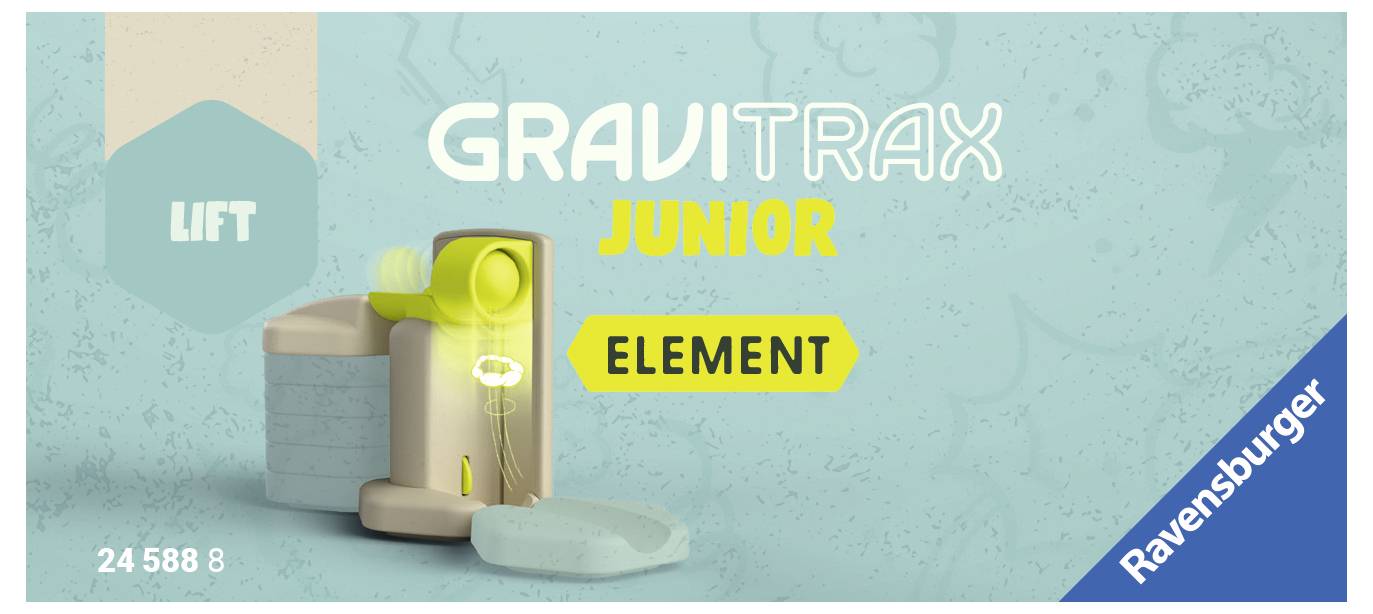 'GraviTrax Junior Výťah' od Ravensburgeru. Zobrazuje zelený výťah a sivé koľajnice. Balenie v svetlomodrej a žltej farbe.