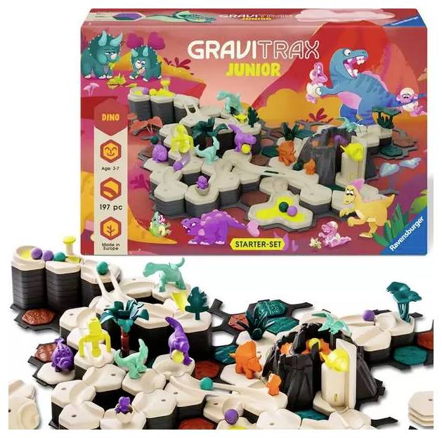 Štartovacia súprava GraviTrax Junior - Dinosaury, určená pre deti vo veku 3-7 rokov, zobrazujúca farebnú modulárnu dráhu pre guľôčky s hračkami dinosaurov.