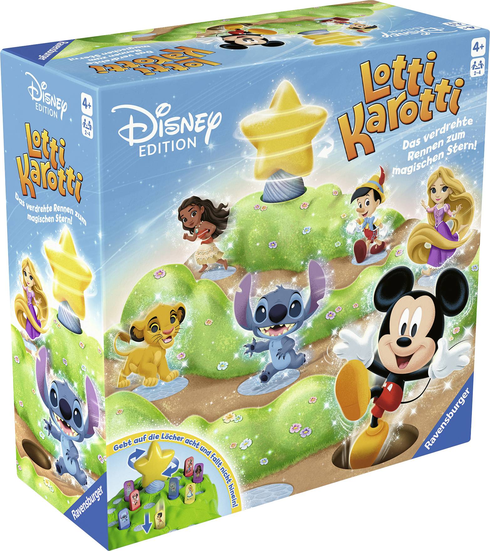 Herná krabica 'Lotti Karotti' Disney Edícia. Zobrazuje Disney postavy ako Mickey Mouse a Simba v pretekoch ku magickej hviezde. Pre deti od 4 rokov.
