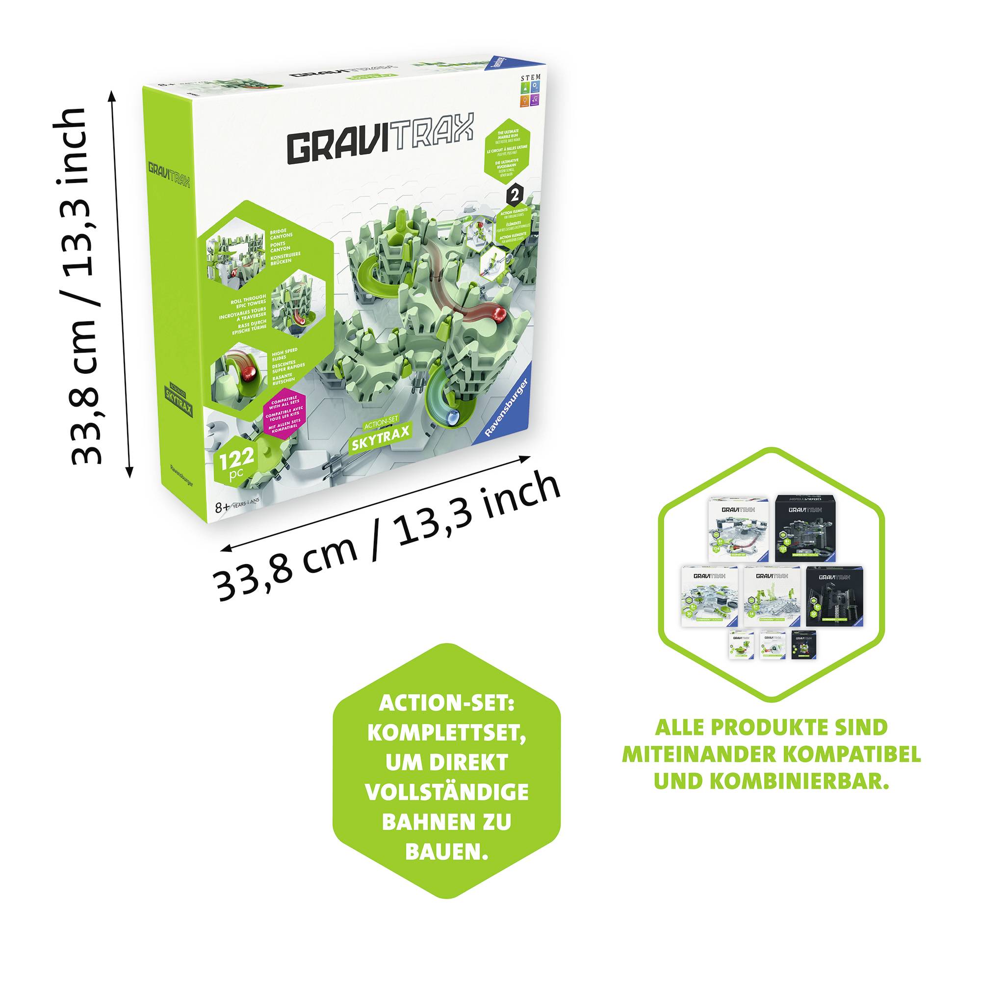 GraviTrax 'Skytrax'-súprava s rozmermi 33,8 cm x 33,8 cm. Akčná súprava pre samostatné dráhy, kombinovateľná s inými produktmi. Od 8 rokov.