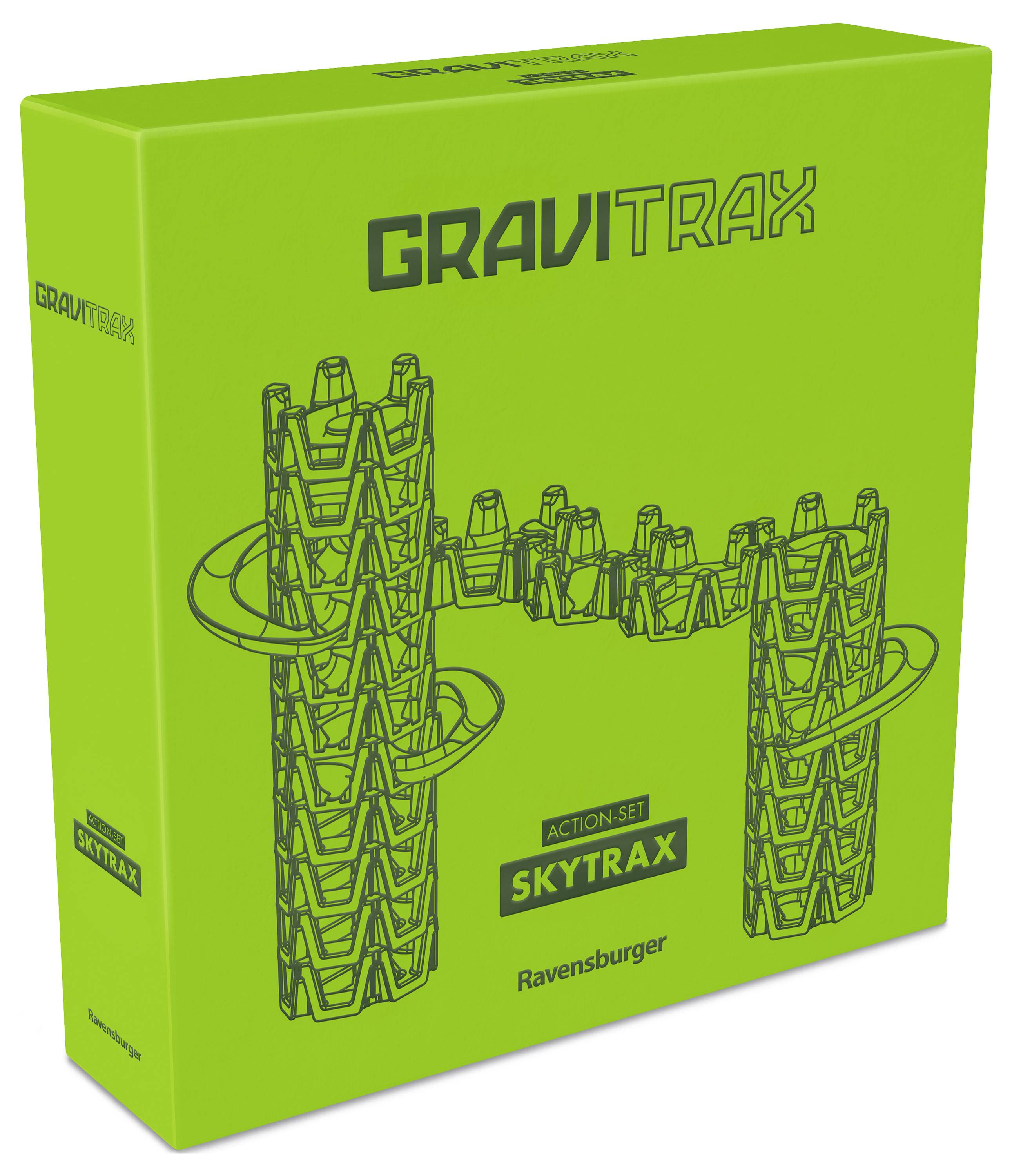 Gravitrax akčná sada 'Skytrax' balenie v zelenej farbe s kresbou vežového systému. Od spoločnosti Ravensburger.