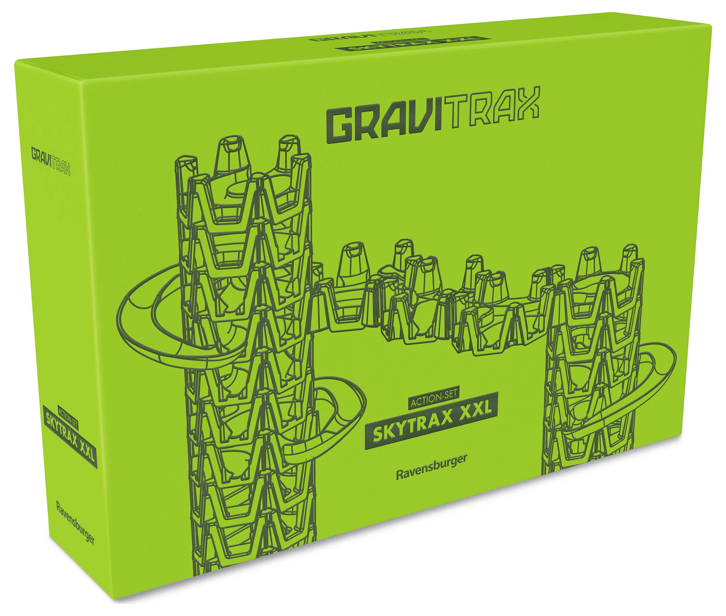 Obal 'Gravitrax Skytrax XXL' od Ravensburger. Zobrazuje zelenú škatuľu s kresbou veží a koľají guľového dráhového systému.
