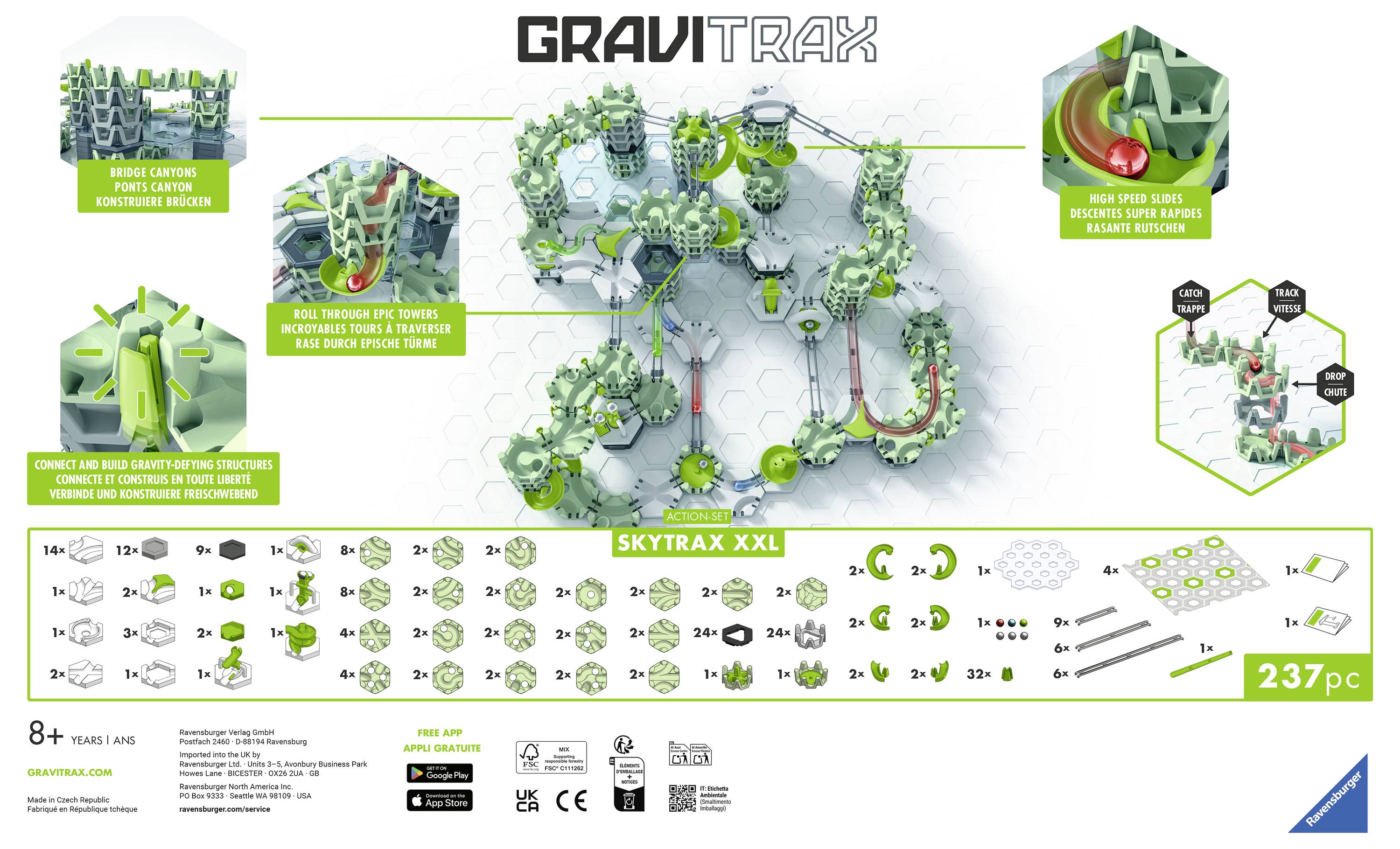 'GraviTrax Pro SkyTrax XXL súprava' zobrazuje zelenú guľovú dráhu s viacerými trasami a súčasťami. Obsahuje 237 dielov pre deti od 8 rokov.