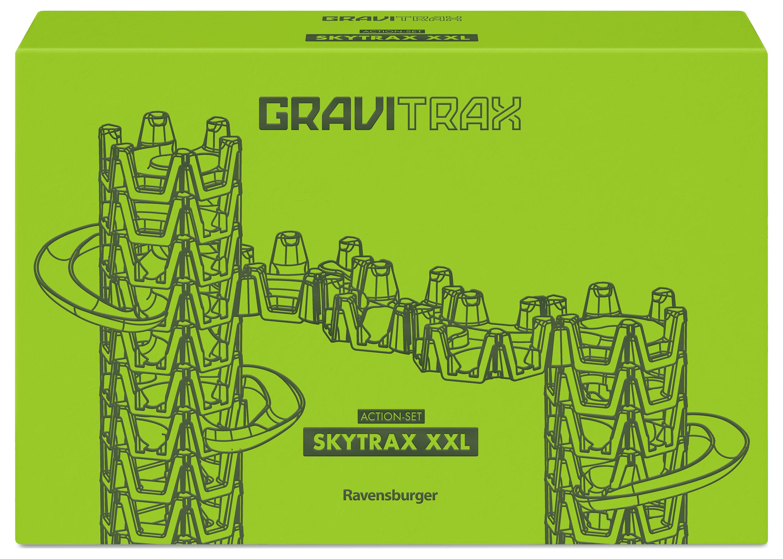Zelený obal s nápisom 'Gravitrax Skytrax XXL', na ktorom sú zobrazené veže a dráhy pre guľôčky z tejto sady.