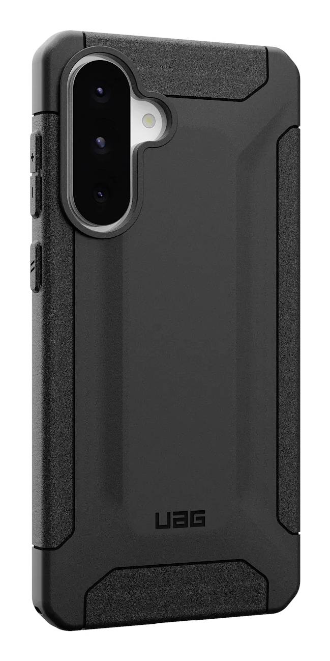 Čierne puzdro na telefón značky UAG s robustným dizajnom, vhodné pre smartphone s tromi kamerami na zadnej strane.