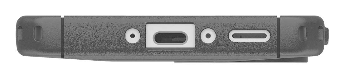 Spodná strana zariadenia s USB-C konektorom v strede, obklopeným dvoma skrutkami. Vľavo a vpravo sú mriežky reproduktorov.